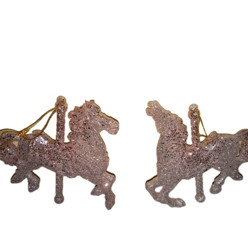 Lot of 3 Carousel Horse Christmas Tree Ornaments Champagne Rose Gold Glitter NEW